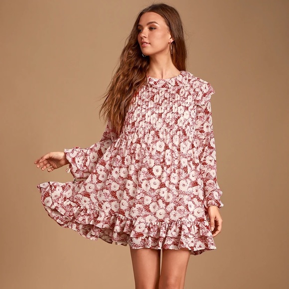 FREE PEOPLE Mini Dress Floral Cream Red Ruffle size L - Picture 2 of 8